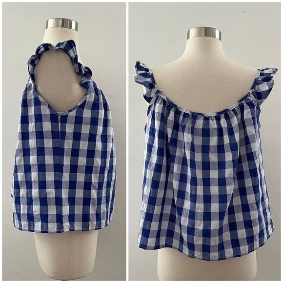 Joie Top Women's XL Blue White Gingham Plaid Ruffle Sleeveless Lightweight NWT - Picture 2 of 8